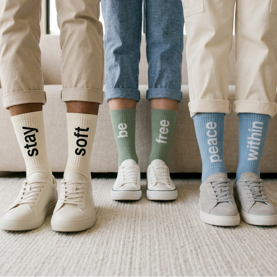 Three people wearing socks with motivational phrases on a carpeted floor.