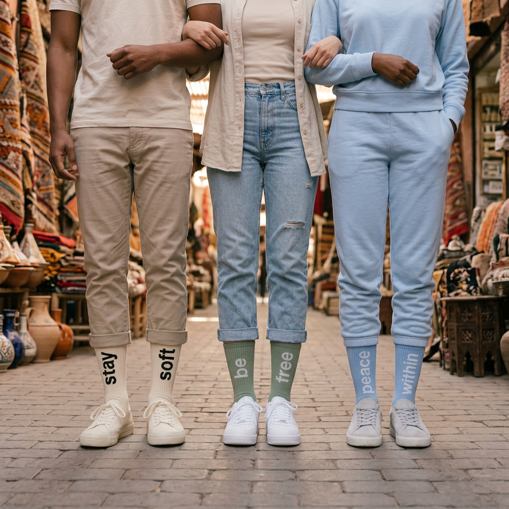Three people standing together wearing matching socks with motivational text in an outdoor market setting.