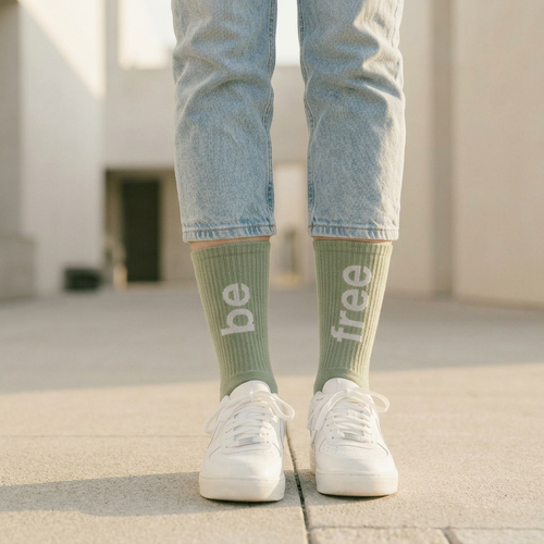 Person wearing green socks with 'be free' text, standing on a pavement.