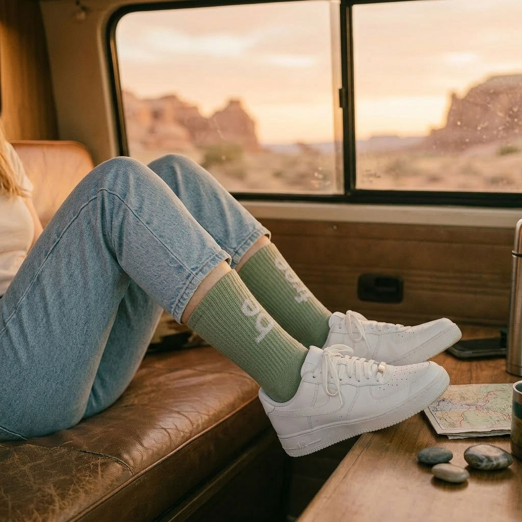 Person sitting inside a vehicle with legs crossed, wearing green socks and white sneakers, with a desert landscape outside.