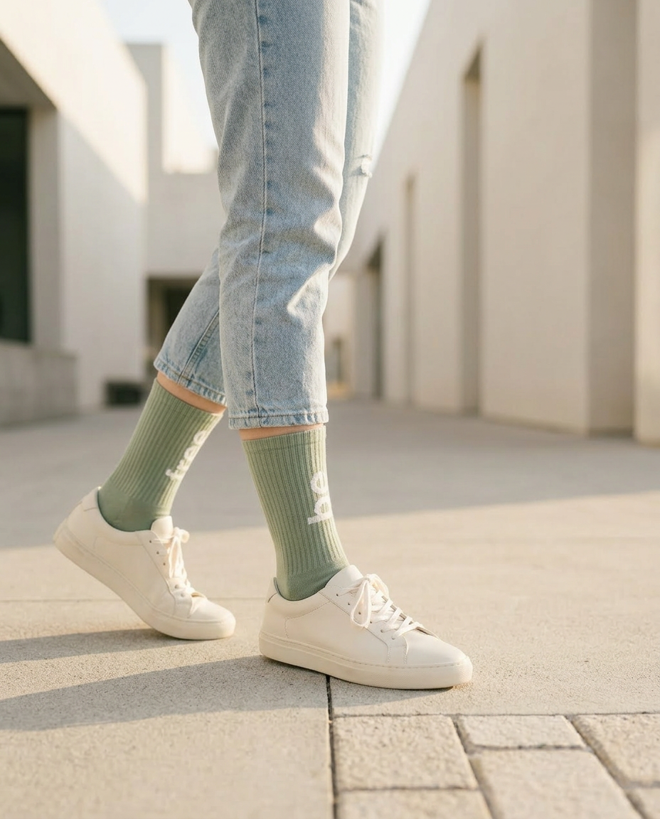 Person wearing light green socks with white sneakers and jeans on a paved surface.