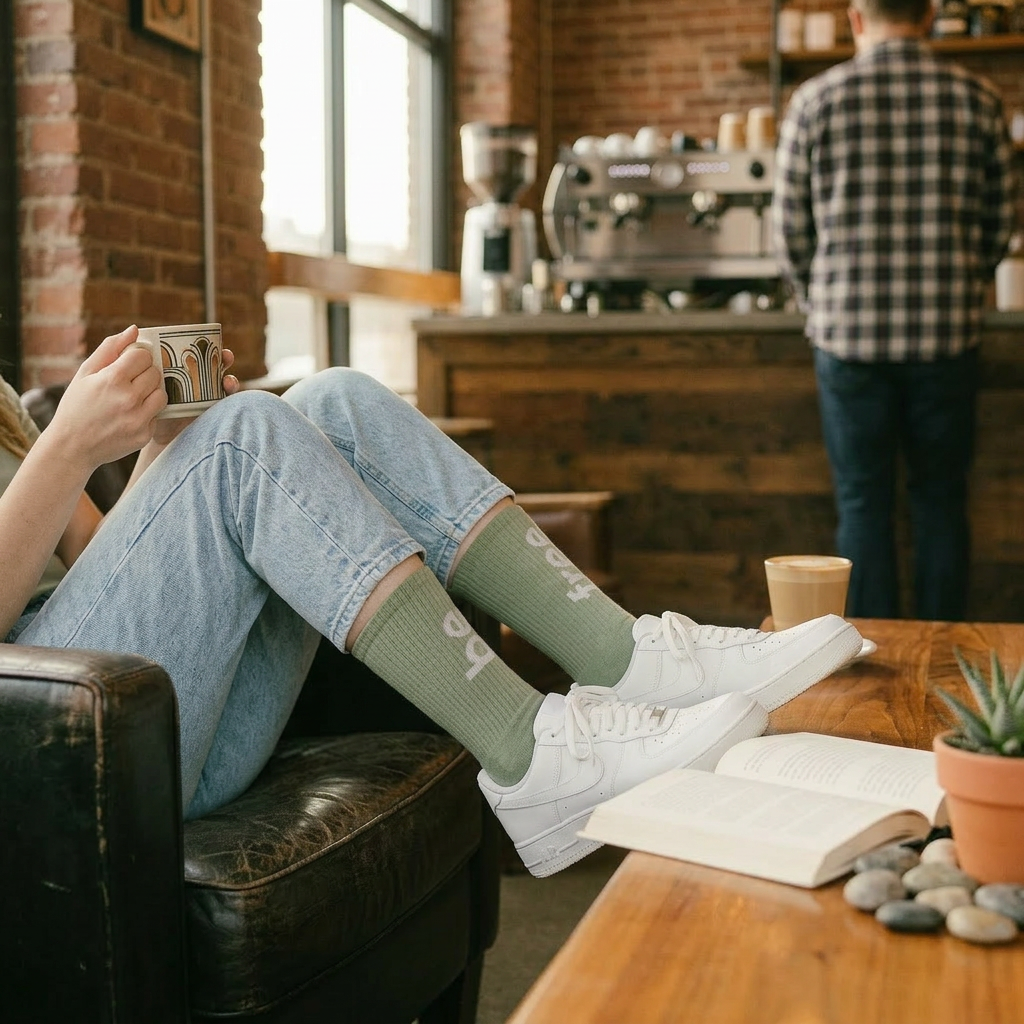 Person sitting on a couch holding a coffee cup in a cozy cafe setting.