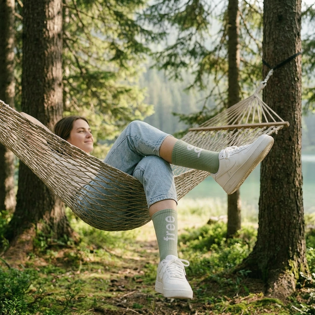 Person relaxing in a hammock in a forest setting