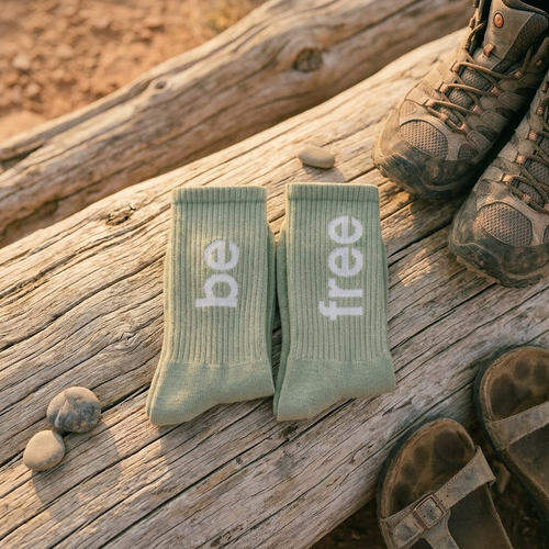 Green socks with 'be free' text on a wooden log with hiking boots.