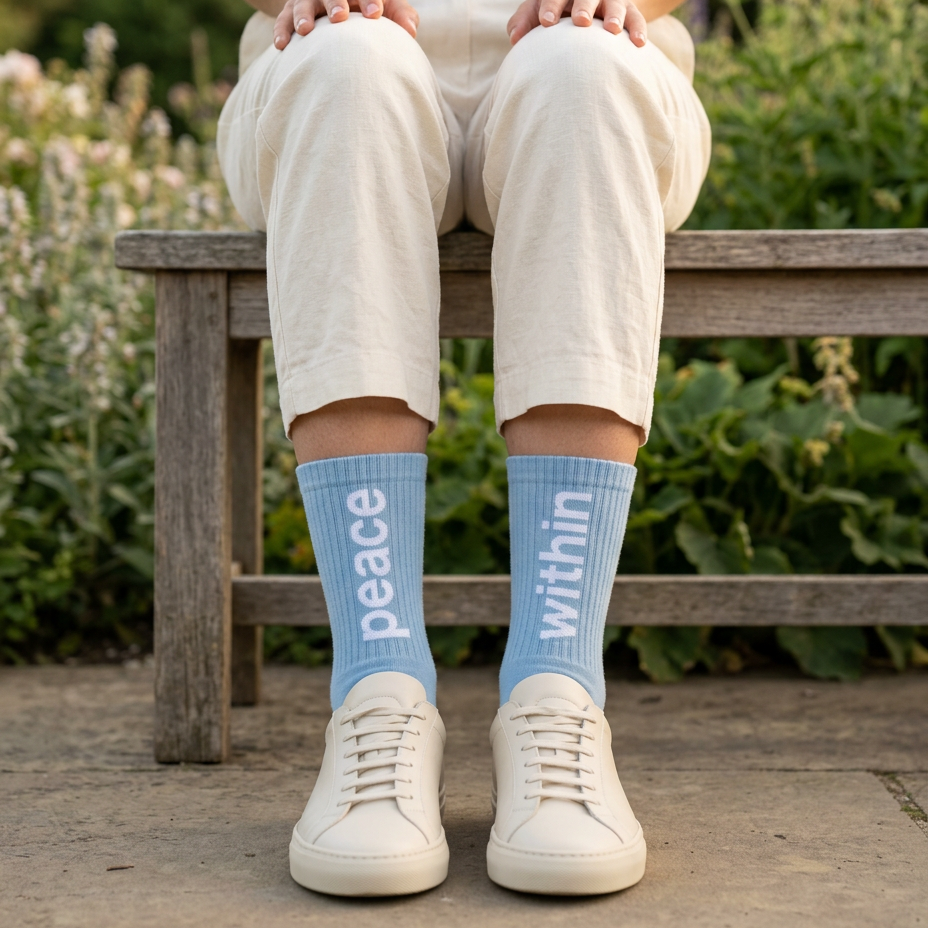 Person wearing light blue socks with 'peace within' text, sitting on a wooden bench outdoors.