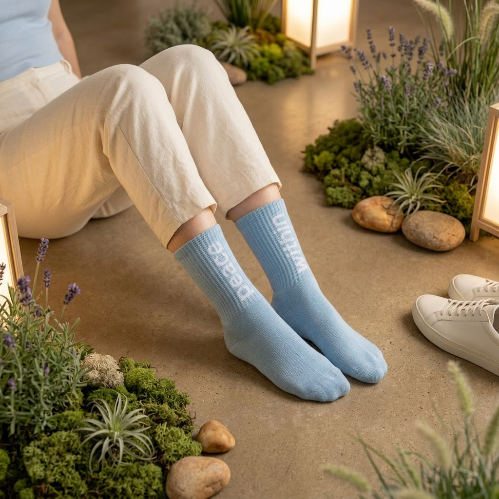 Person wearing light blue socks with a subtle pattern, sitting on the floor surrounded by plants.