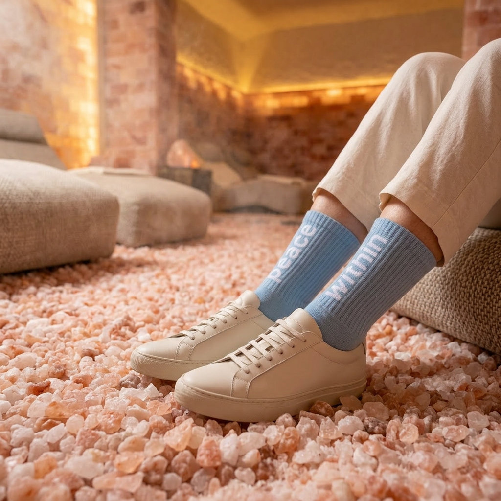 Person wearing blue socks and beige sneakers on a textured floor with a warm-toned background.