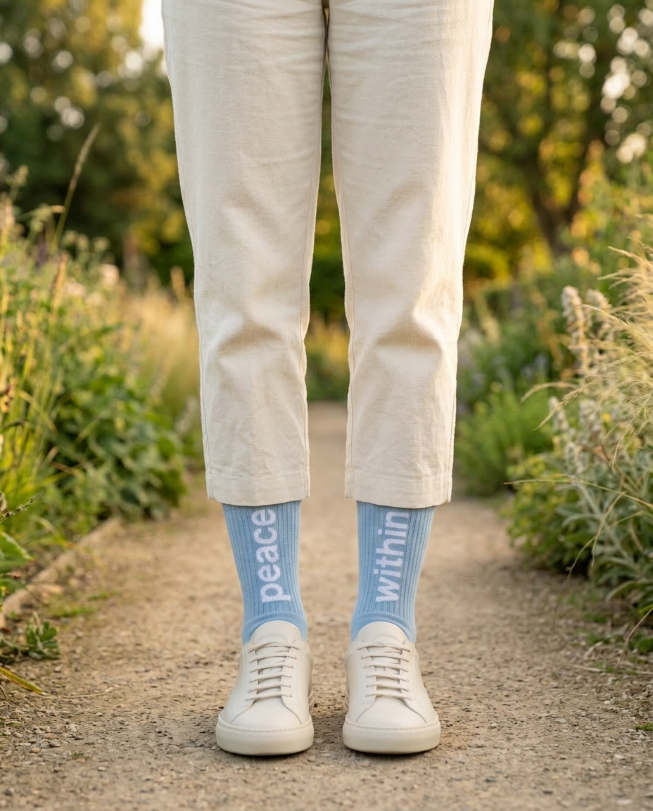 Person wearing light blue socks with 'peace within' text, standing on a path with greenery.