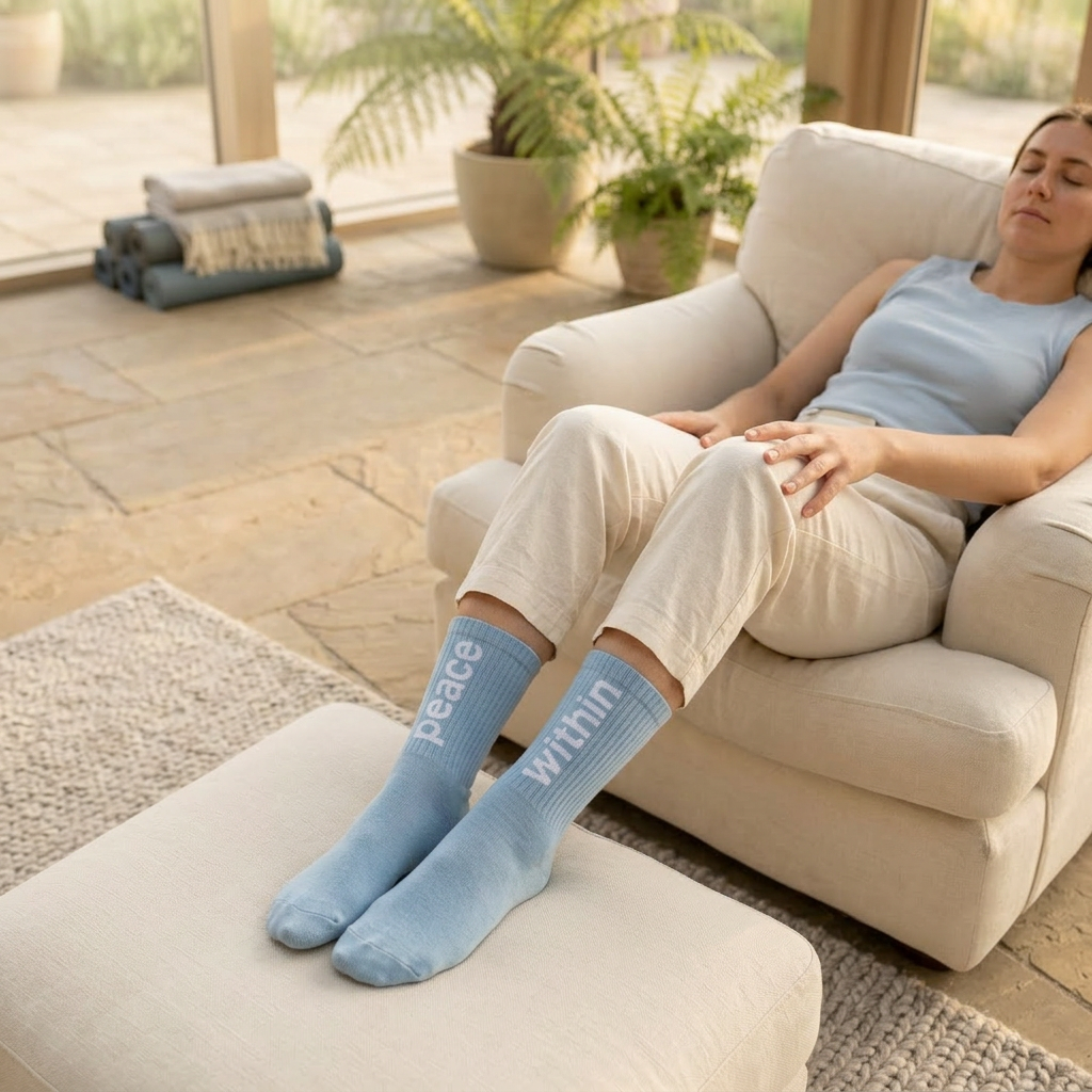 Woman sitting on a couch wearing light blue socks with text, in a home setting.