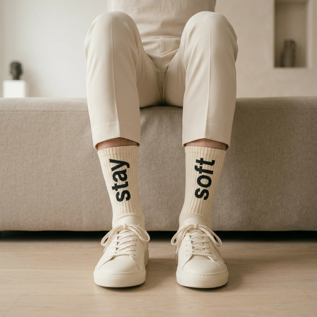 Person wearing beige socks with 'stay soft' text, sitting on a couch.