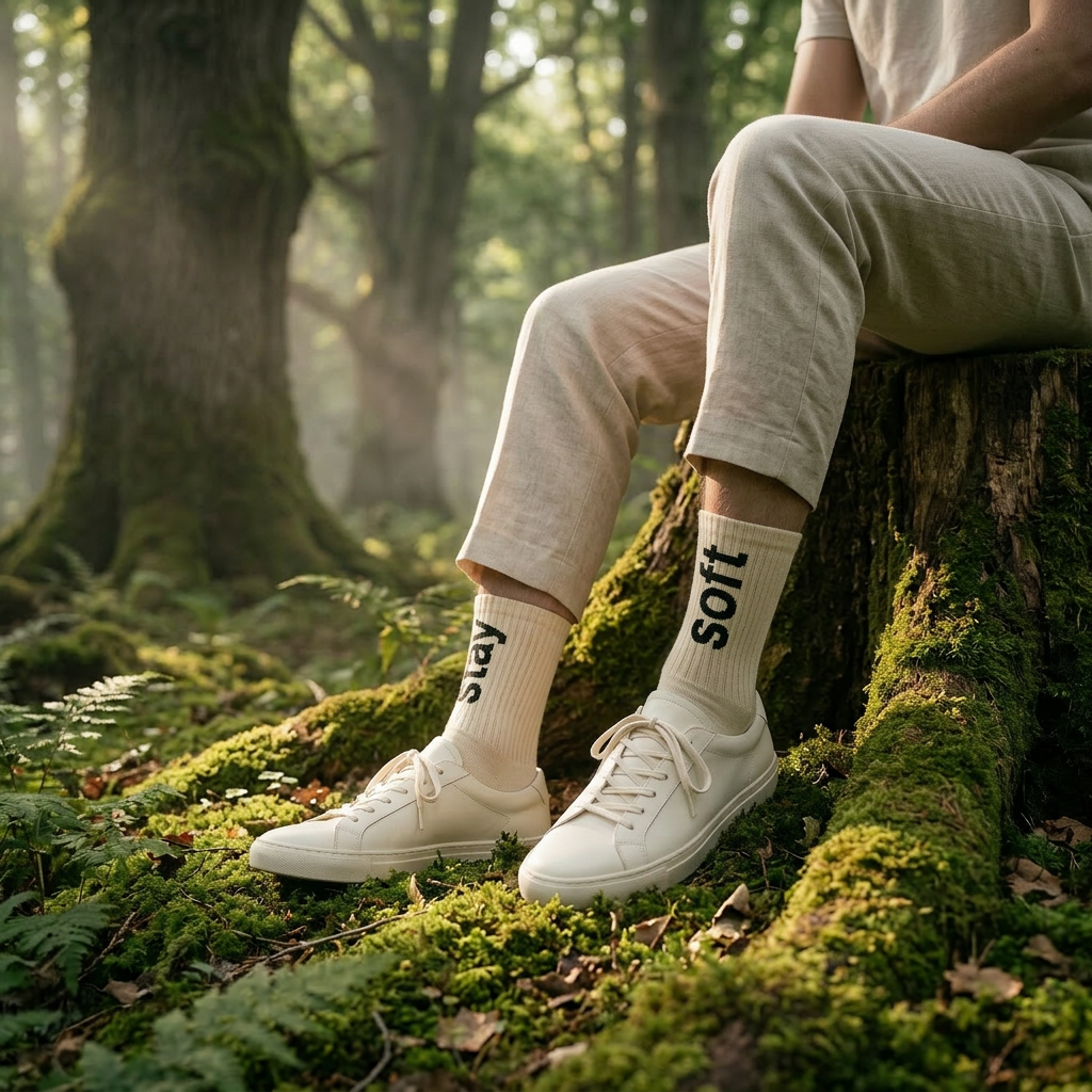 Person sitting on a tree stump in a forest wearing white sneakers and socks with text.