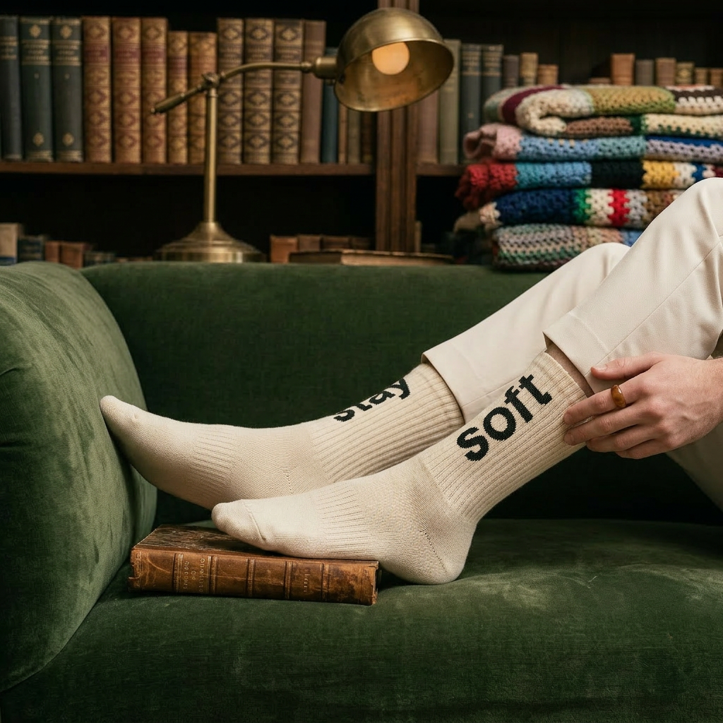 Person wearing white socks with 'stay soft' text on a green couch in a cozy room with books and a lamp.
