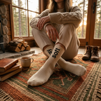 Person sitting on a rug with a cup of coffee, wearing socks with text, in a cozy indoor setting.