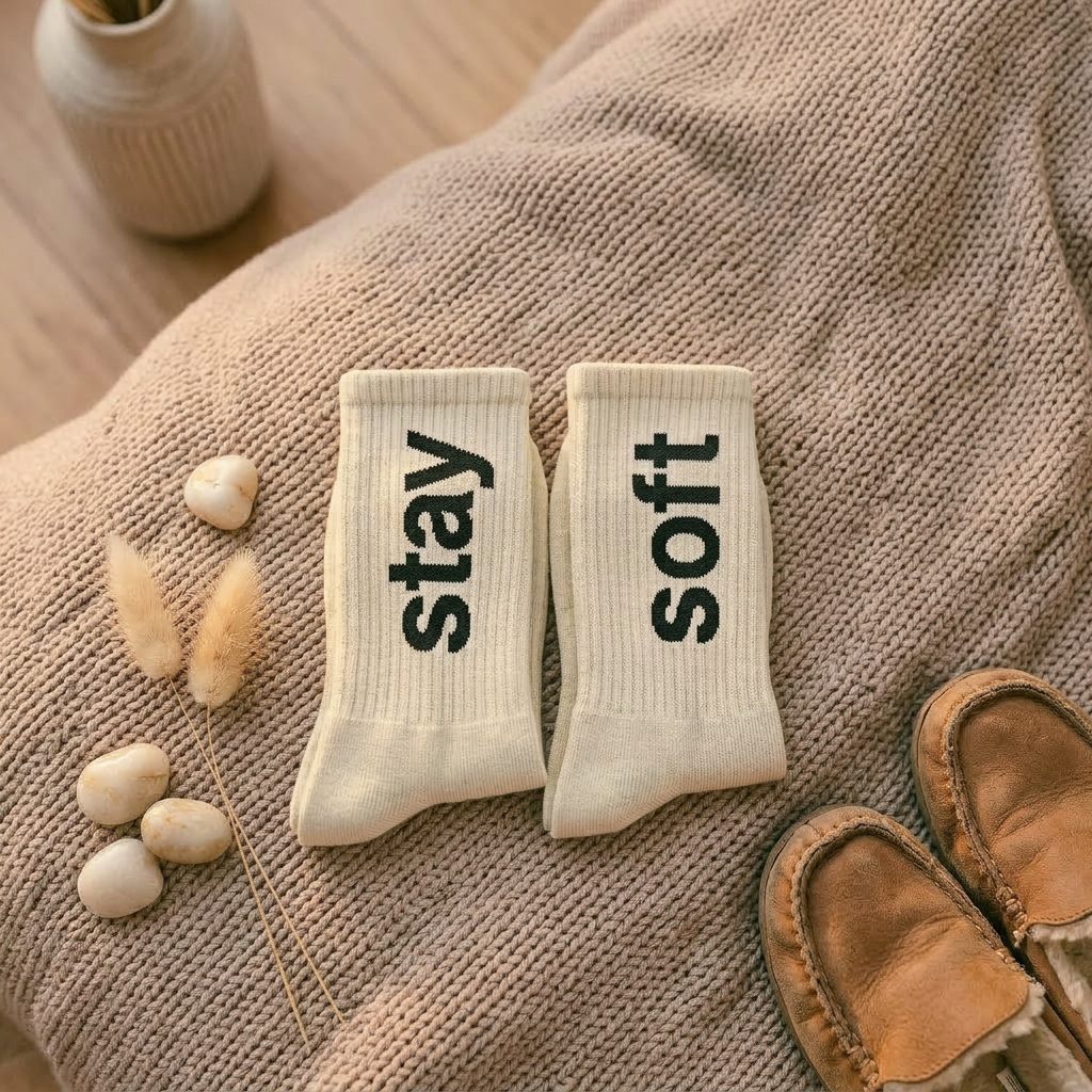 Pair of socks with 'stay soft' text on a textured surface with a vase and slippers in the background.